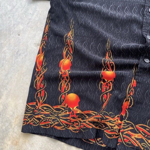 ODO Shirt Mens Extra Large Blue Gray Flaming Skulls‎ Allover Flame Biker Hot Rod - Picture 2 of 6